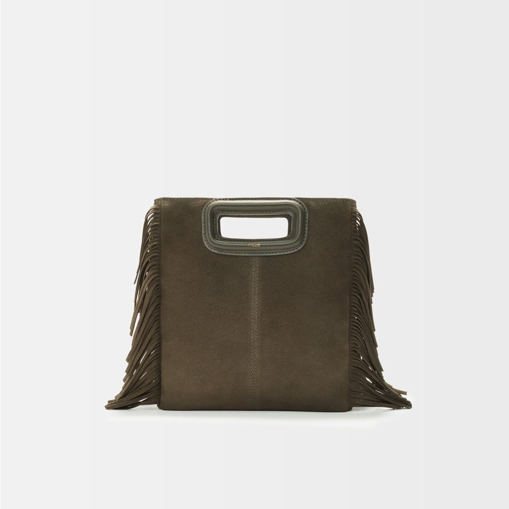 Maje Olive Suede Fringe Crossbody with Top Handle